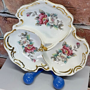 Vintage‎ Porcelain Divided Candy Dish Center Handle Hand-painted Roses Gold Trim